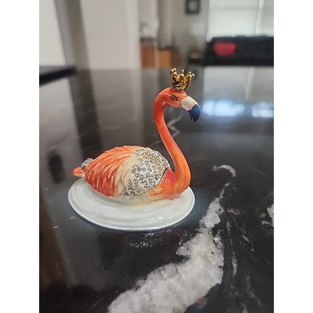 Flamingo Trinket Box Enamel Magnetic Hinged Rhinestone Bird Ring Box